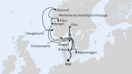 Routenverlauf Große Skandinavien-Reise ab Kiel