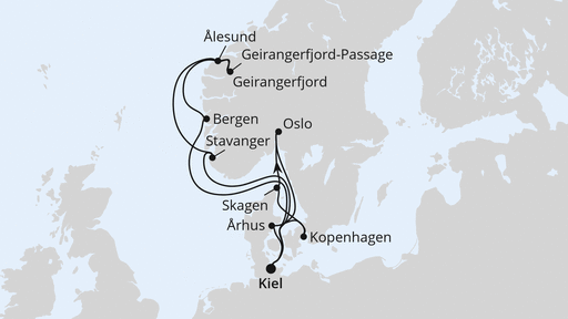 Routenverlauf Große Skandinavien-Reise ab Kiel