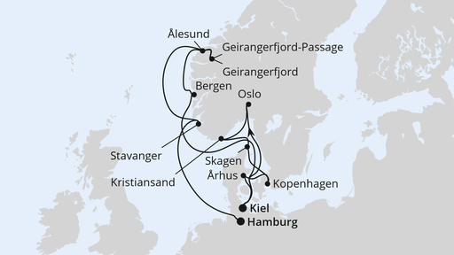 Routenverlauf Große Skandinavien-Reise ab Kiel