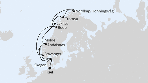 Routenverlauf Norwegen mit Lofoten & Nordkap ab Kiel