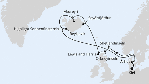 Routenverlauf Schottland & Island mit Sonnenfinsternis ab Kiel