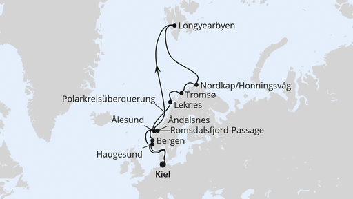 Routenverlauf Norwegen mit Spitzbergen & Lofoten ab Kiel