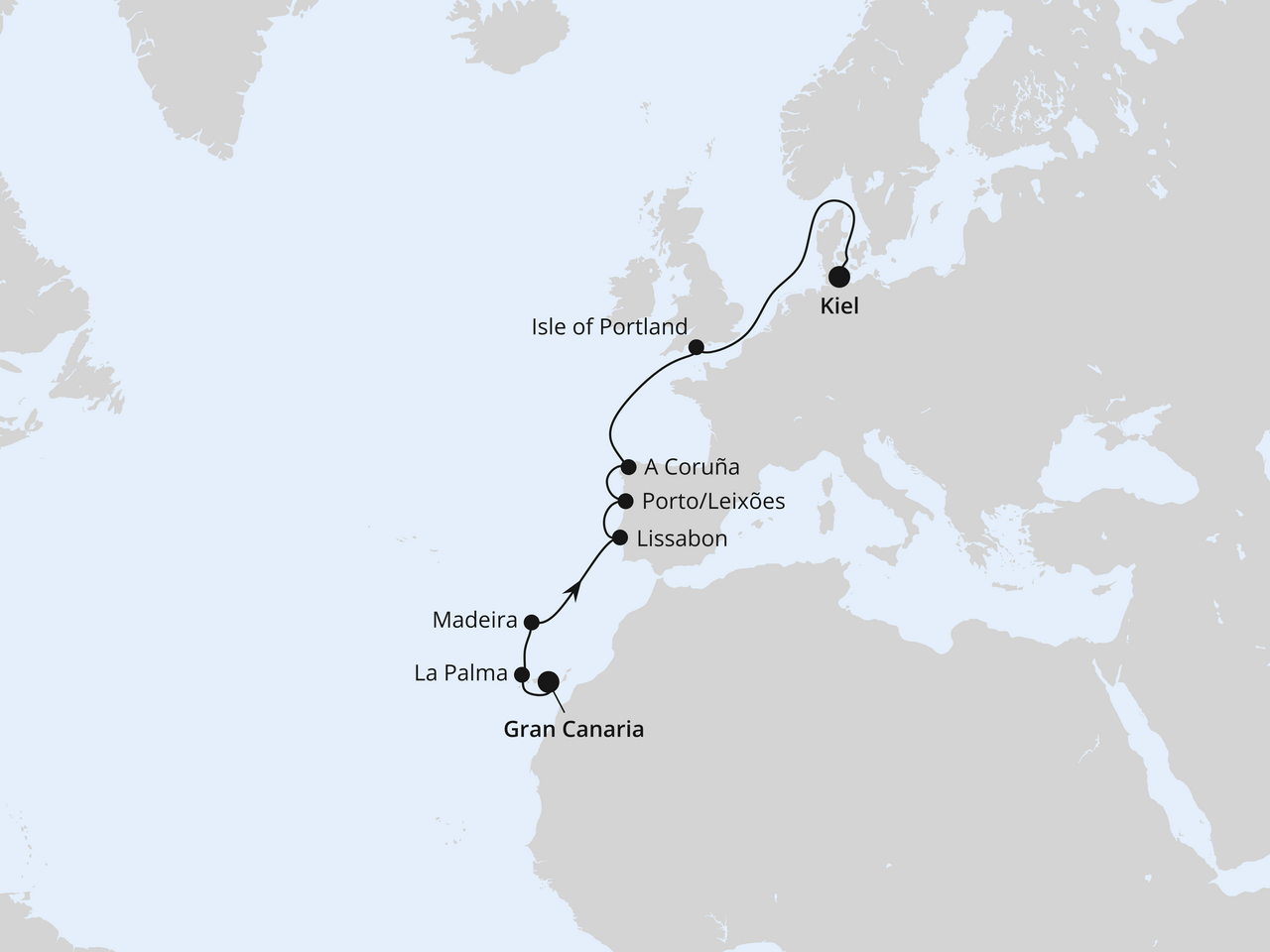 Routenkarte der AIDA Kreuzfahrt Europas Atlantikküste ab Gran Canaria