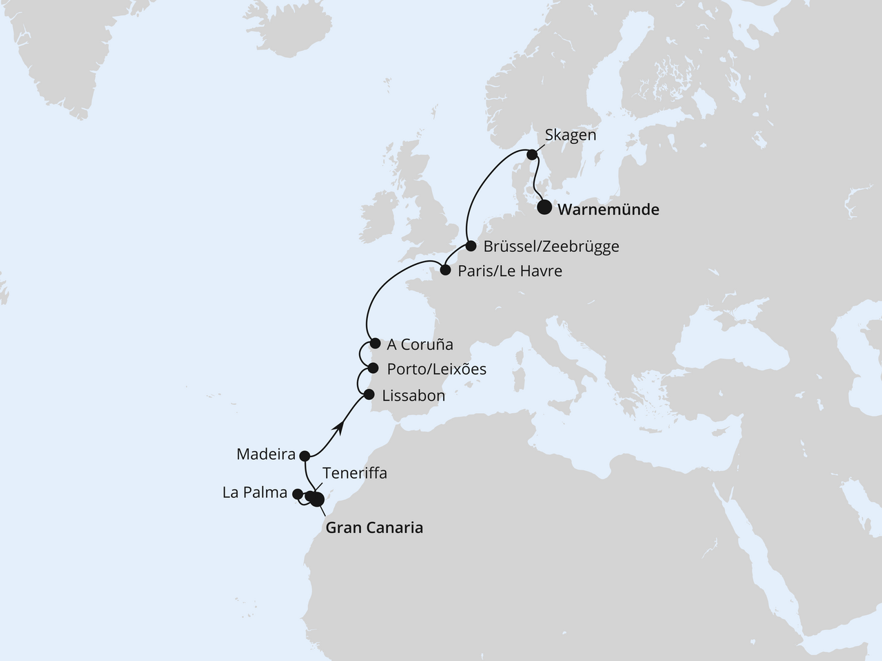 Von Gran Canaria über Portugal nach Warnemünde