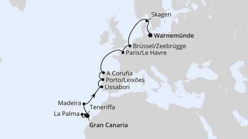 Routenverlauf Von Gran Canaria über Portugal nach Warnemünde