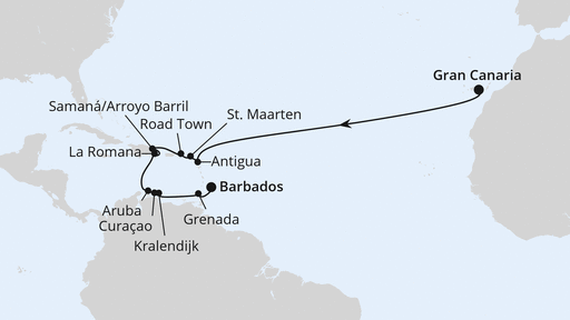 Routenverlauf Von Gran Canaria über Curacao nach Barbados