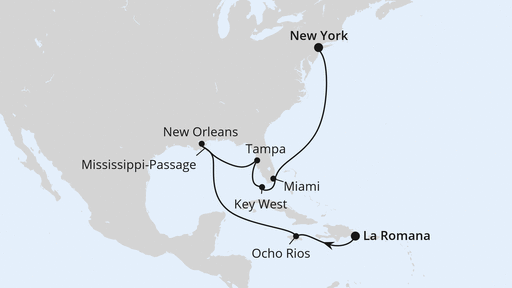 Routenverlauf New Orleans, Florida & New York ab Dom. Republik