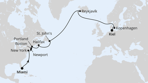 Routenverlauf Von Miami über Island nach Kiel