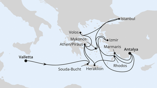 Routenverlauf Große Mittelmeer-Reise mit Istanbul ab Antalya