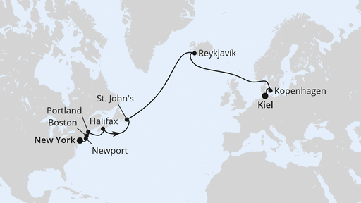Routenverlauf Von New York über Island nach Kiel