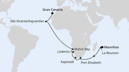 Routenverlauf Von Mauritius über Afrika nach Gran Canaria