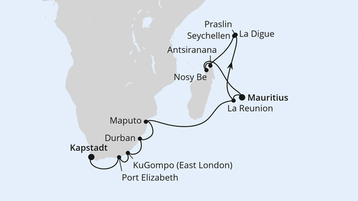 Routenverlauf Südafrika, Seychellen, Mauritius & Madagaskar 2