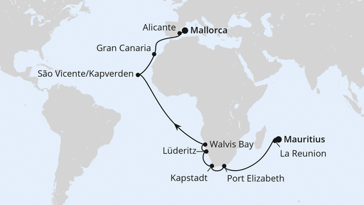 Routenverlauf Von Mauritius über Afrika nach Mallorca