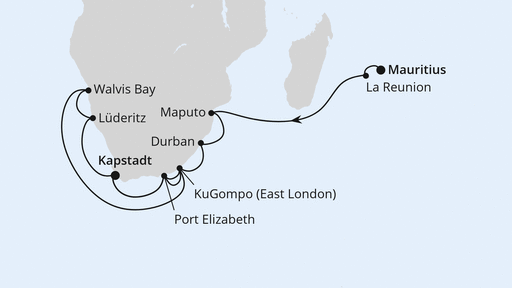Routenverlauf Mauritius, La Réunion, Südafrika & Namibia