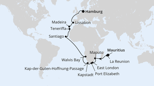 Routenverlauf Von Mauritius nach Hamburg
