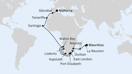 Routenverlauf Weltenbummler Südafrika, Namibia & Indischer Ozean