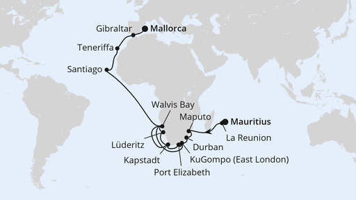 Routenverlauf Weltenbummler Südafrika, Namibia & Indischer Ozean