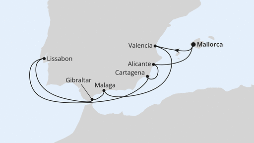 Routenverlauf Silvesterreise im Mittelmeer ab Mallorca