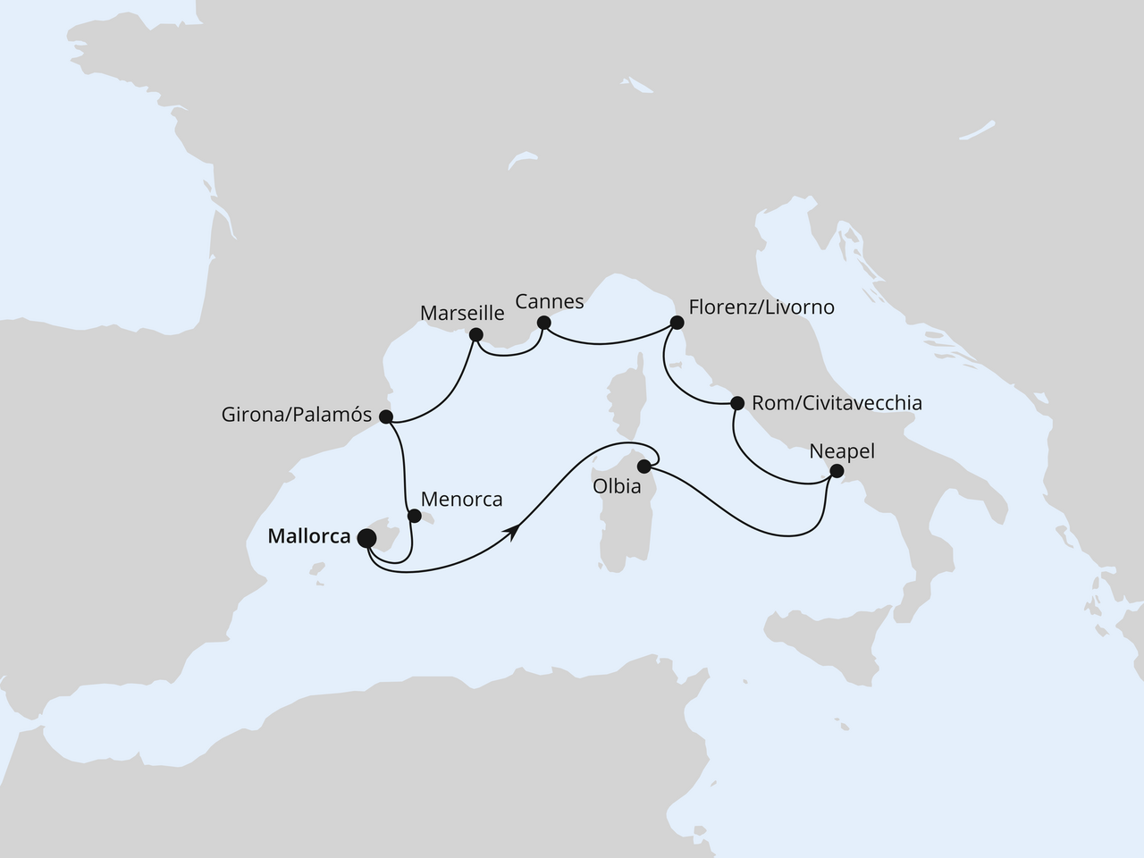 Routenkarte der AIDA Kreuzfahrt Mediterrane Highlights ab Mallorca
