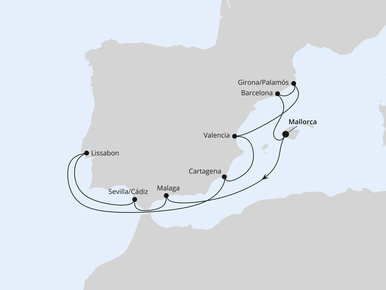 Routenkarte der Kreuzfahrt Spanien, Portugal & Balearen ab Mallorca