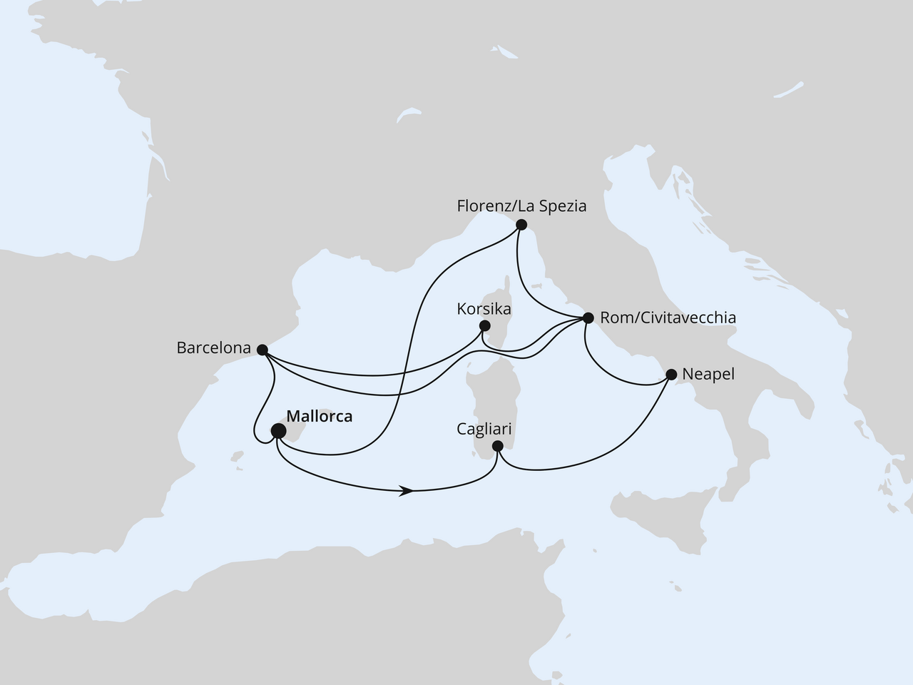 Routenkarte der AIDA Kreuzfahrt Große Mittelmeer-Reise ab Mallorca 1
