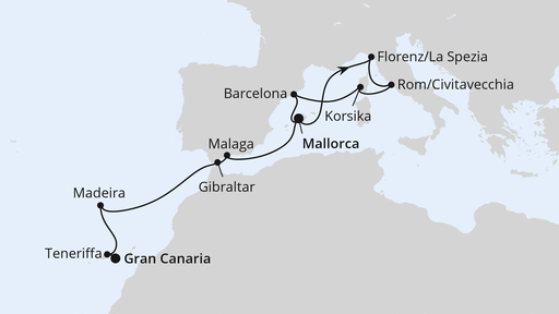 Routenverlauf Korsika, Italien & Kanaren ab Mallorca