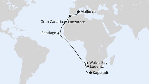 Routenverlauf Von Mallorca über Namibia nach Kapstadt