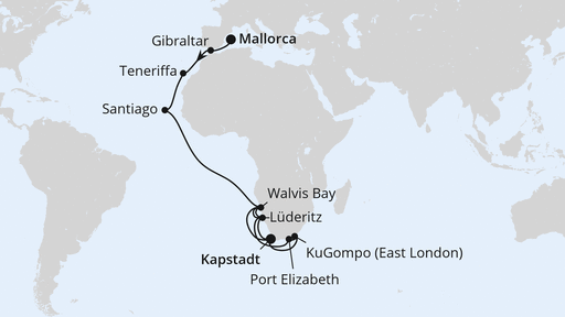 Routenverlauf Von Mallorca über Namibia nach Kapstadt 2