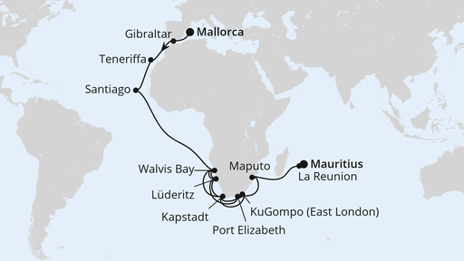 Routenverlauf Weltenbummler von Mallorca nach Mauritius