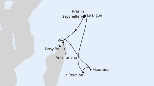 Routenverlauf Seychellen, Madagaskar & Mauritius