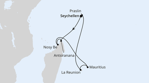 Routenverlauf Seychellen, Madagaskar & Mauritius