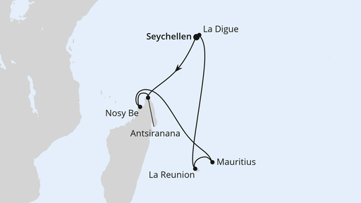 Routenverlauf Seychellen, Madagaskar & Mauritius