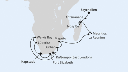 Routenverlauf Seychellen, Mauritius, Südafrika & Namibia