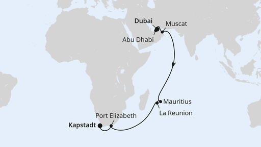 Routenverlauf Von Dubai über Mauritius nach Kapstadt