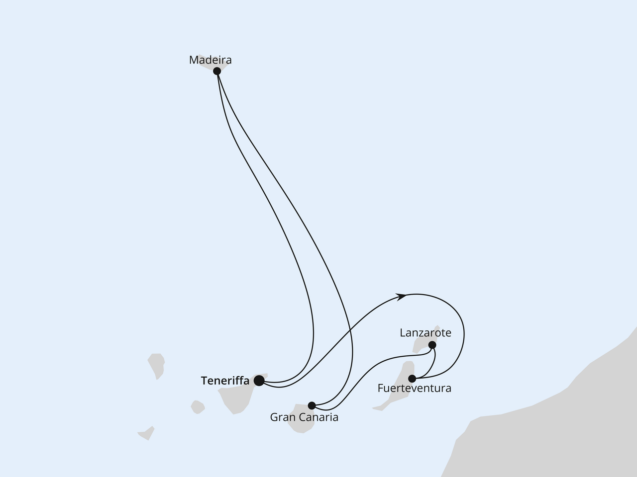 Routenkarte der Kreuzfahrt Kanaren & Madeira ab Teneriffa