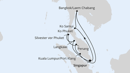 Routenverlauf Feiertagsreise Südostasien ab Singapur