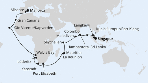 Routenverlauf Weltenbummler von Singapur nach Mallorca