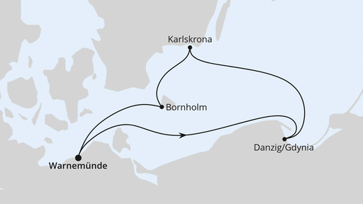 Routenverlauf Kurzreise nach Danzig & Bornholm ab Warnemünde