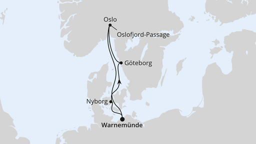 Routenverlauf Kurzreise nach Skandinavien ab Warnemünde