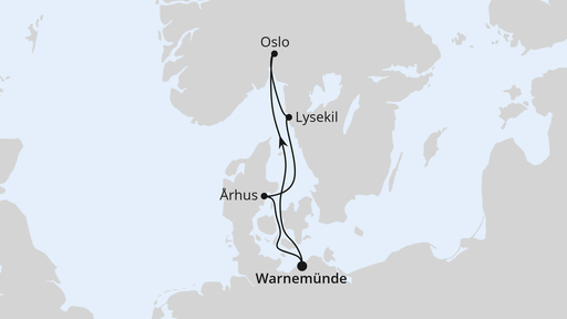 Routenverlauf Kurzreise nach Skandinavien ab Warnemünde
