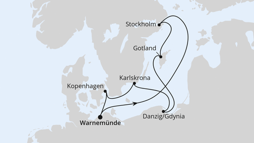 Routenverlauf Schweden, Polen & Dänemark ab Warnemünde