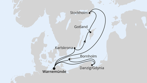 Routenverlauf Schweden mit Danzig & Bornholm ab Warnemünde