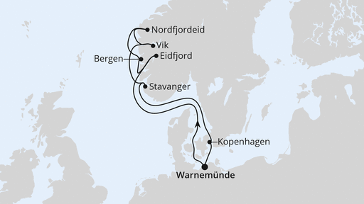 Routenverlauf Norwegens Fjorde ab Warnemünde 2