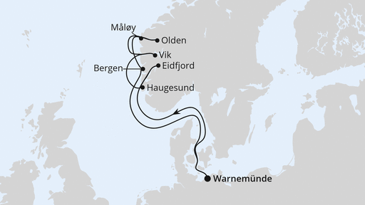 Routenverlauf Norwegens Fjorde ab Warnemünde 2