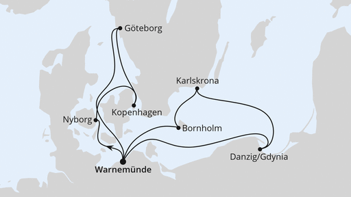 Routenverlauf Schweden & Dänemark mit Polen ab Warnemünde