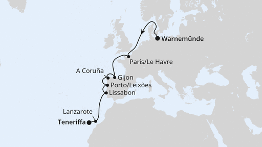 Routenverlauf Von Warnemünde über Portugal nach Teneriffa