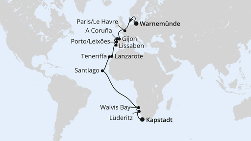 Routenverlauf Von Warnemünde über Namibia nach Kapstadt