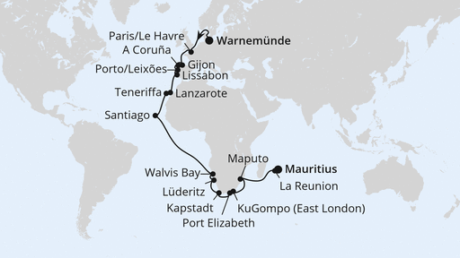 Routenverlauf Weltenbummler Afrika mit Mauritius ab Warnemünde 1